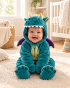 Cozy Dino Plush Hooded Onesie for Kids – Teal Dinosaur Costume with Colorful Spikes & Wings