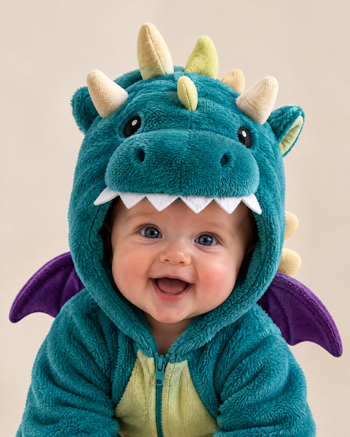 Cozy Dino Plush Hooded Onesie for Kids – Teal Dinosaur Costume with Colorful Spikes & Wings