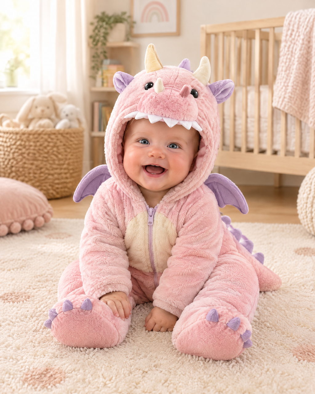 Cozy Dino Plush Hooded Onesie for Kids – Teal Dinosaur Costume with Colorful Spikes & Wings