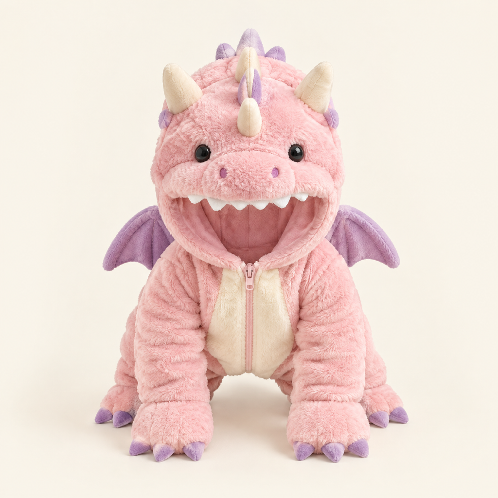 Cozy Dino Plush Hooded Onesie for Kids – Teal Dinosaur Costume with Colorful Spikes & Wings