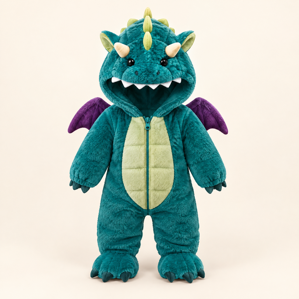 Cozy Dino Plush Hooded Onesie for Kids – Teal Dinosaur Costume with Colorful Spikes & Wings