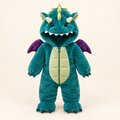 Cozy Dino Plush Hooded Onesie for Kids – Teal Dinosaur Costume with Colorful Spikes & Wings