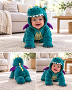 Cozy Dino Plush Hooded Onesie for Kids – Teal Dinosaur Costume with Colorful Spikes & Wings